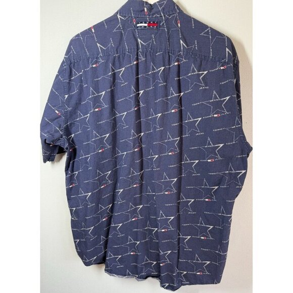 Tommy Hilfiger Mens Y2K Navy Blue Logo Casual Button Up Short Sleeve Shirt Large - Picture 2 of 9